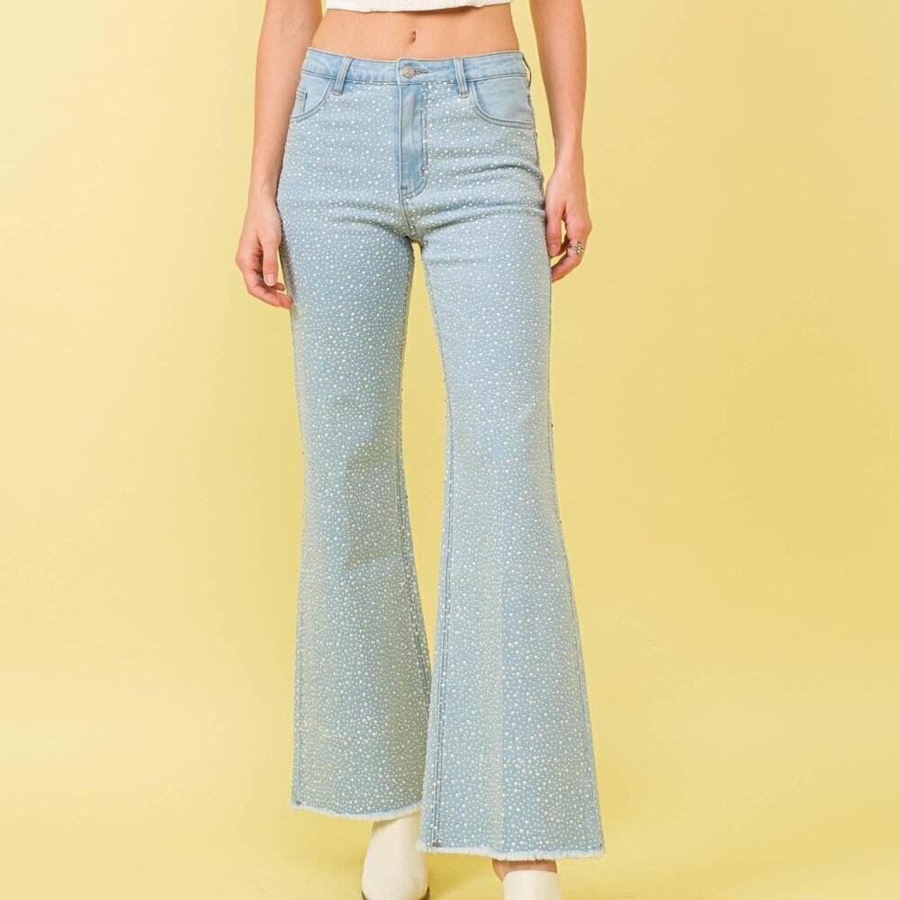 Mid Rise Pearl Stretch Flare Denim Jeans